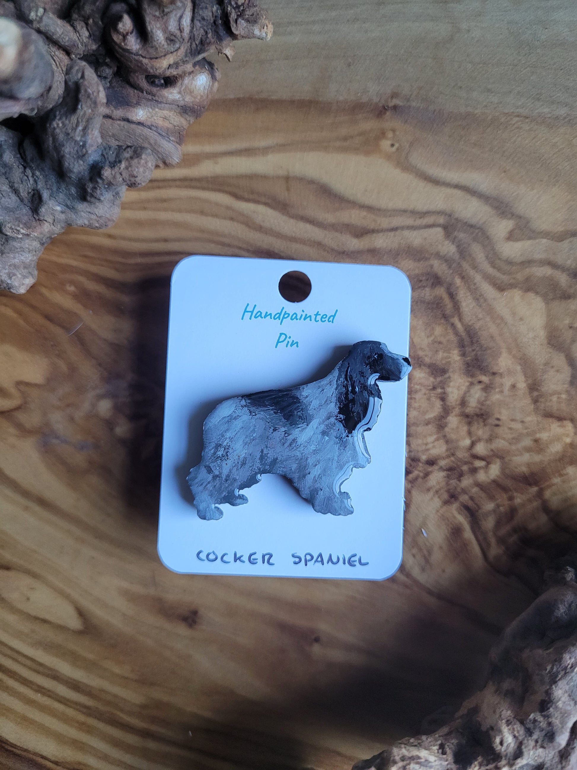 Hand-painted blue roan coloured wooden Cocker Spaniel dog pin badge
