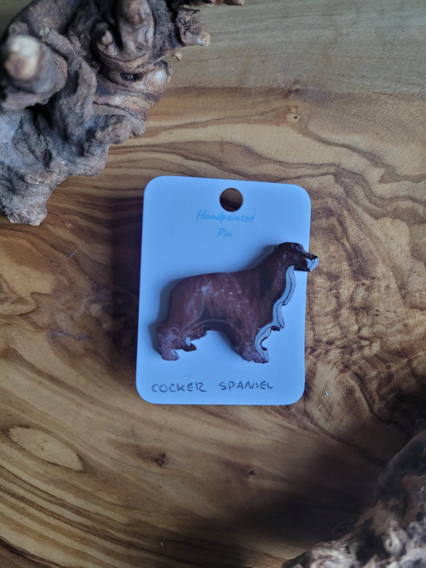 Hand-painted liver coloured wooden Cocker Spaniel dog pin badge