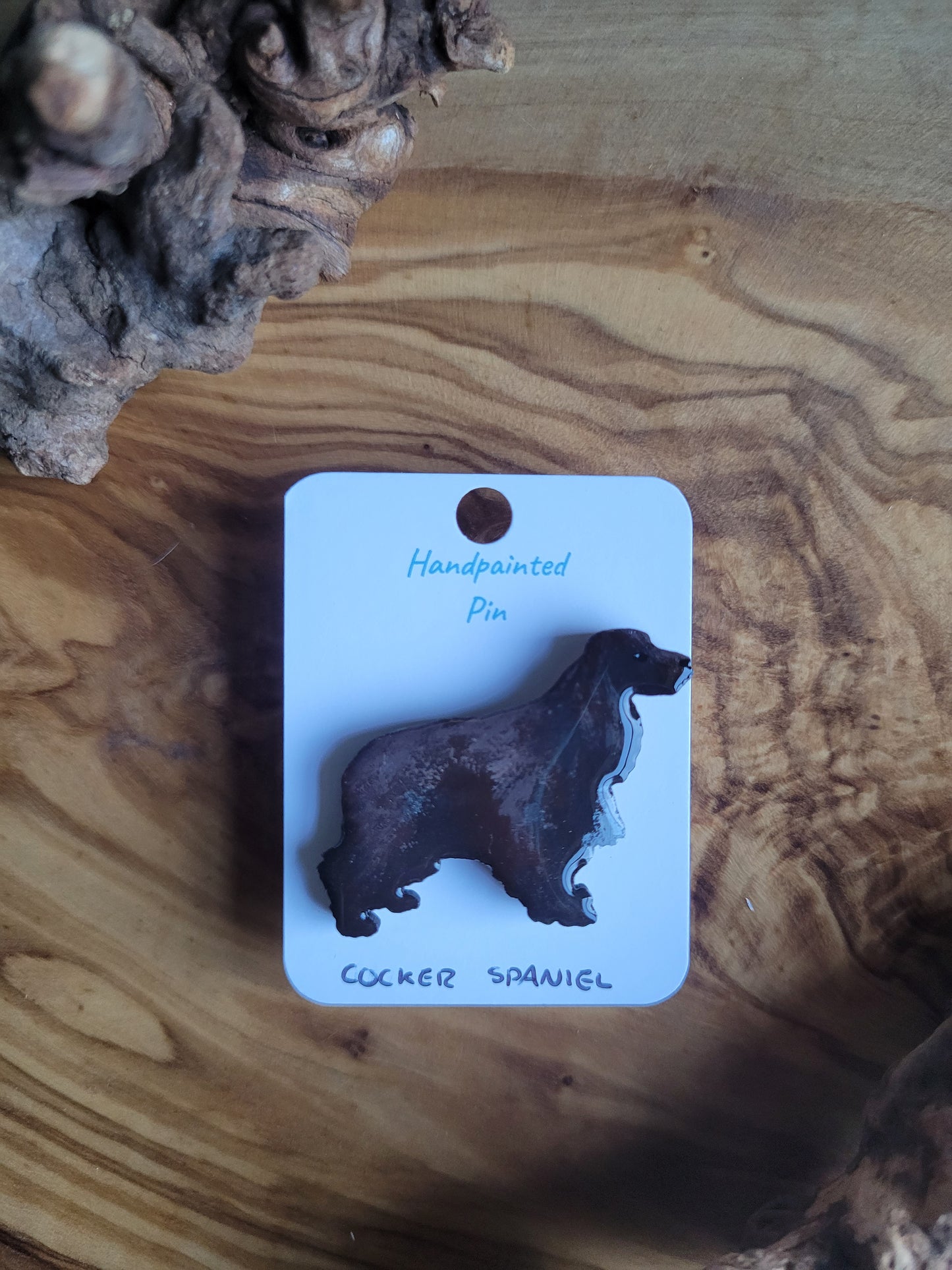 Hand-painted liver and white chest coloured wooden Cocker Spaniel dog pin badge