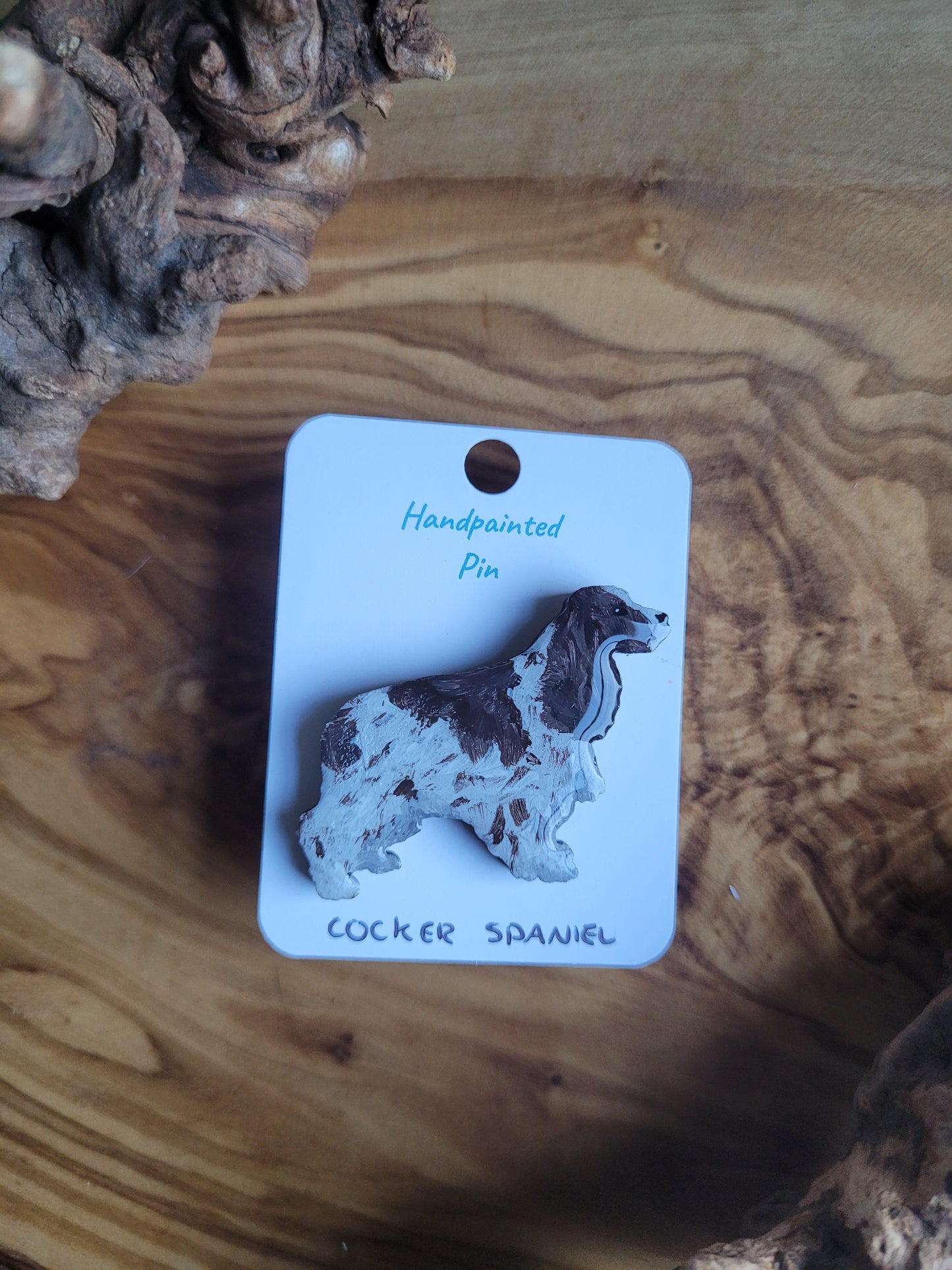 Hand-painted liver speckled colour wooden Cocker Spaniel dog pin badge