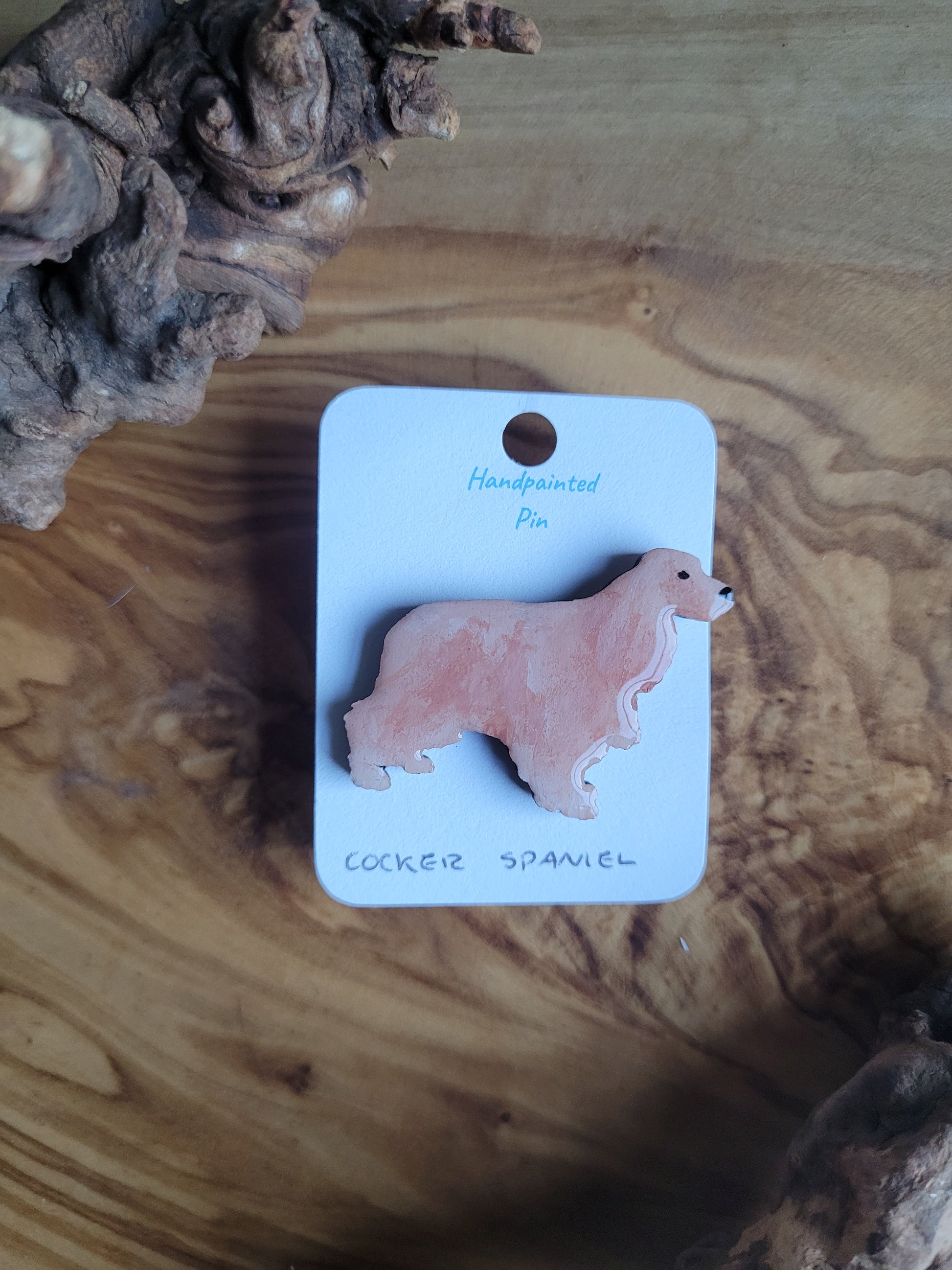 Hand-painted golden coloured wooden Cocker Spaniel dog pin badge