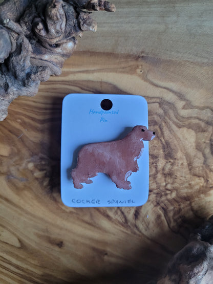 Hand-painted black red wooden Cocker Spaniel dog pin badge