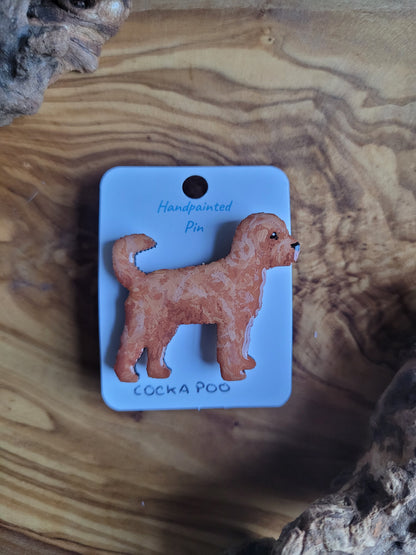 Hand-painted wooden dog pin badge of a apricot coloured Cockapoo