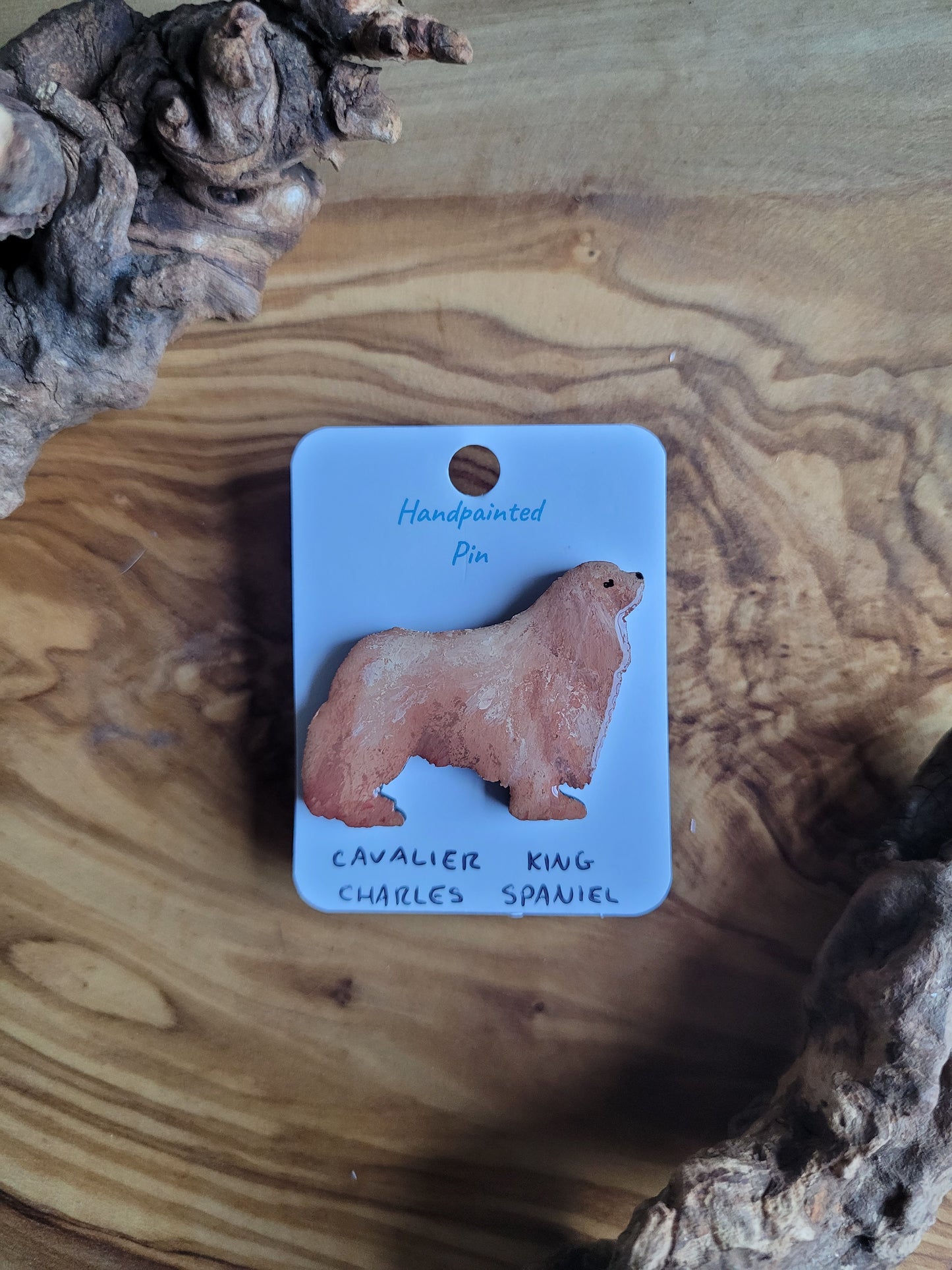 Hand-painted golden coloured Cavalier King Charles Spaniel wooden pin badge