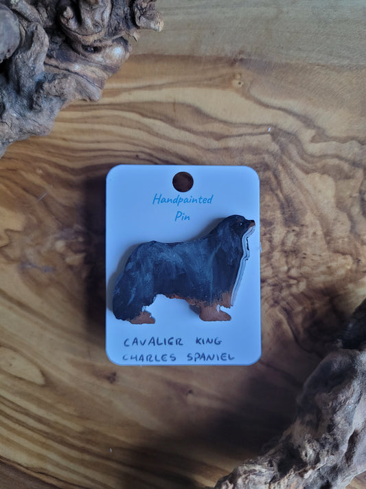 Hand-painted black and tan coloured Cavalier King Charles Spaniel wooden pin badge
