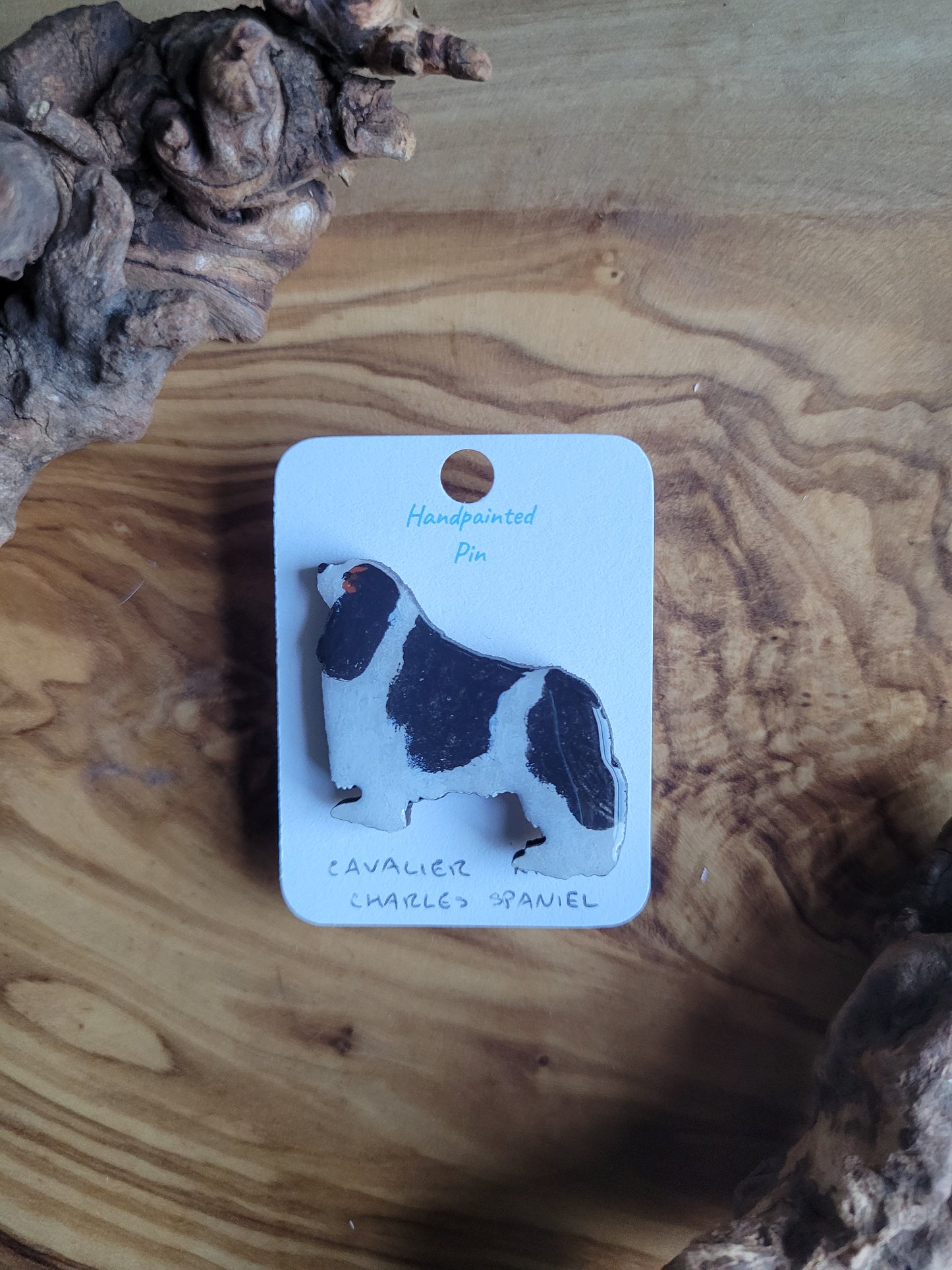Hand-painted tri coloured Cavalier King Charles Spaniel wooden pin badge
