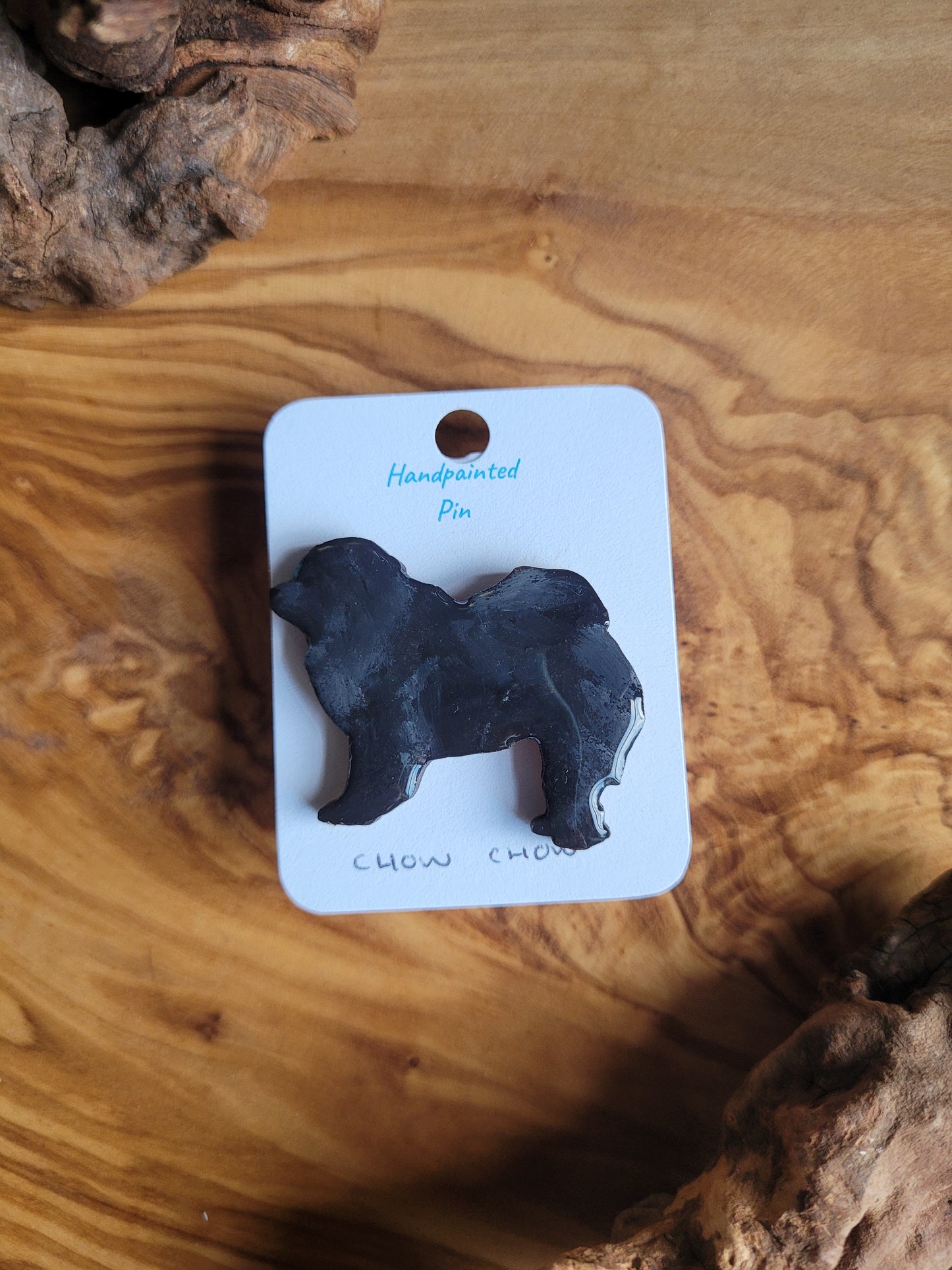 Hand-painted on wooden, black coloured Chow Chow dog pin badge