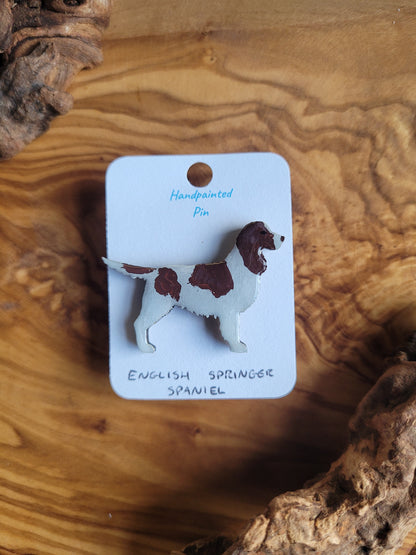 Hand-painted wooden dog pin badge of an English Springer Spaniel, liver and white colour