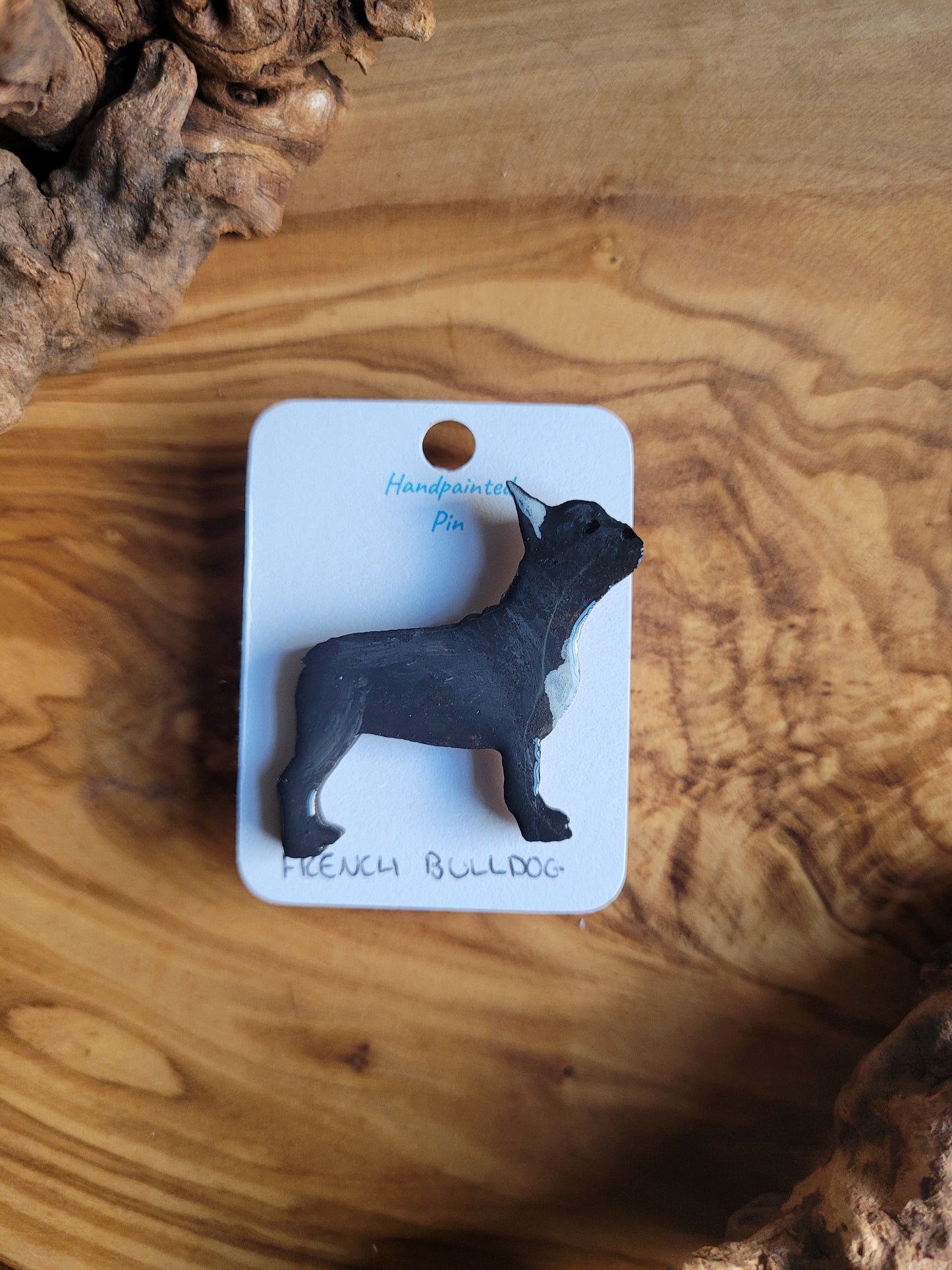 Black and white hand-painted wooden French Bulldog pin badge