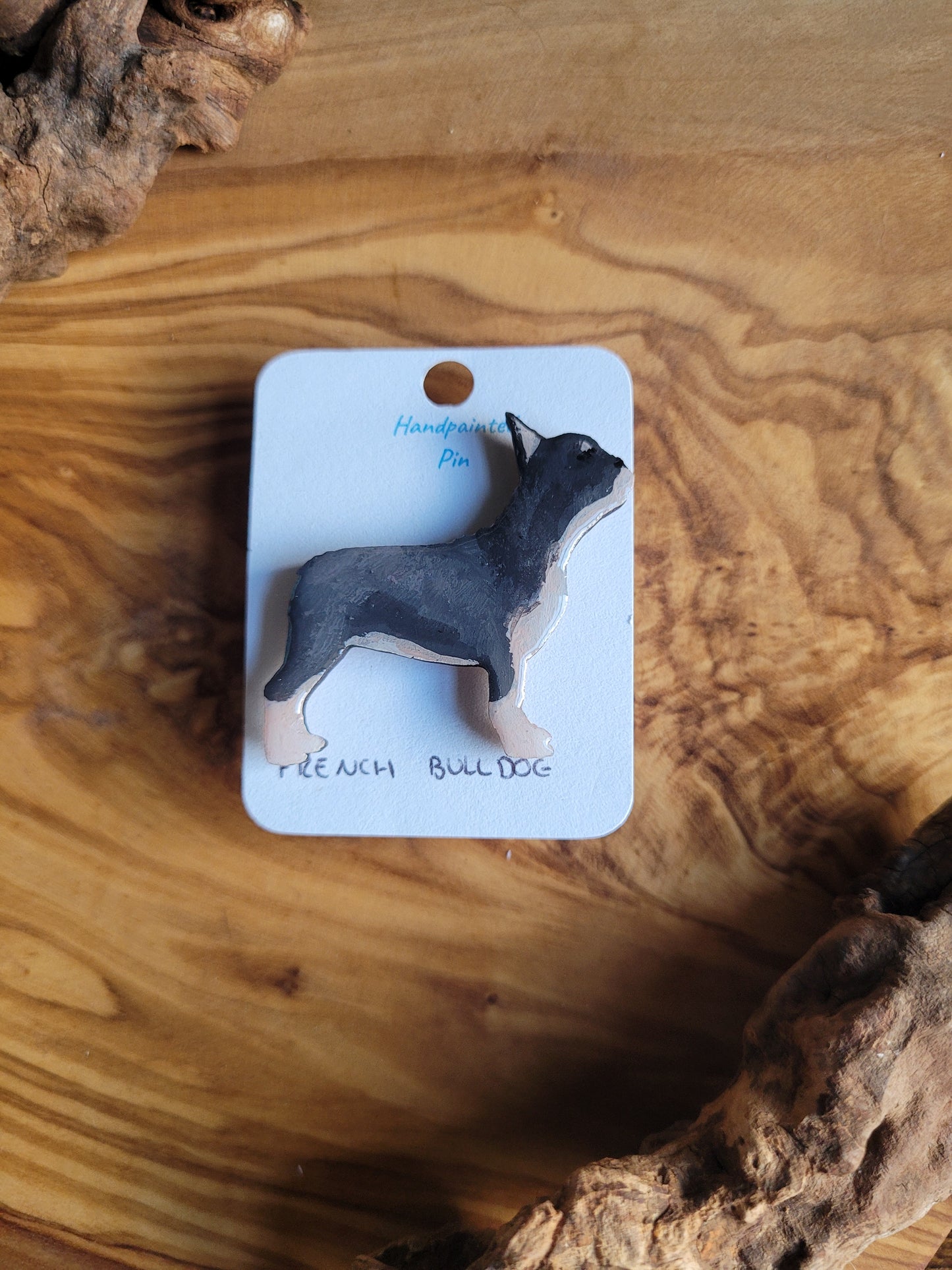 Black and tan hand-painted wooden French Bulldog pin badge