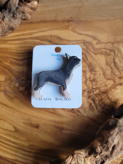 Black and tan hand-painted wooden French Bulldog pin badge