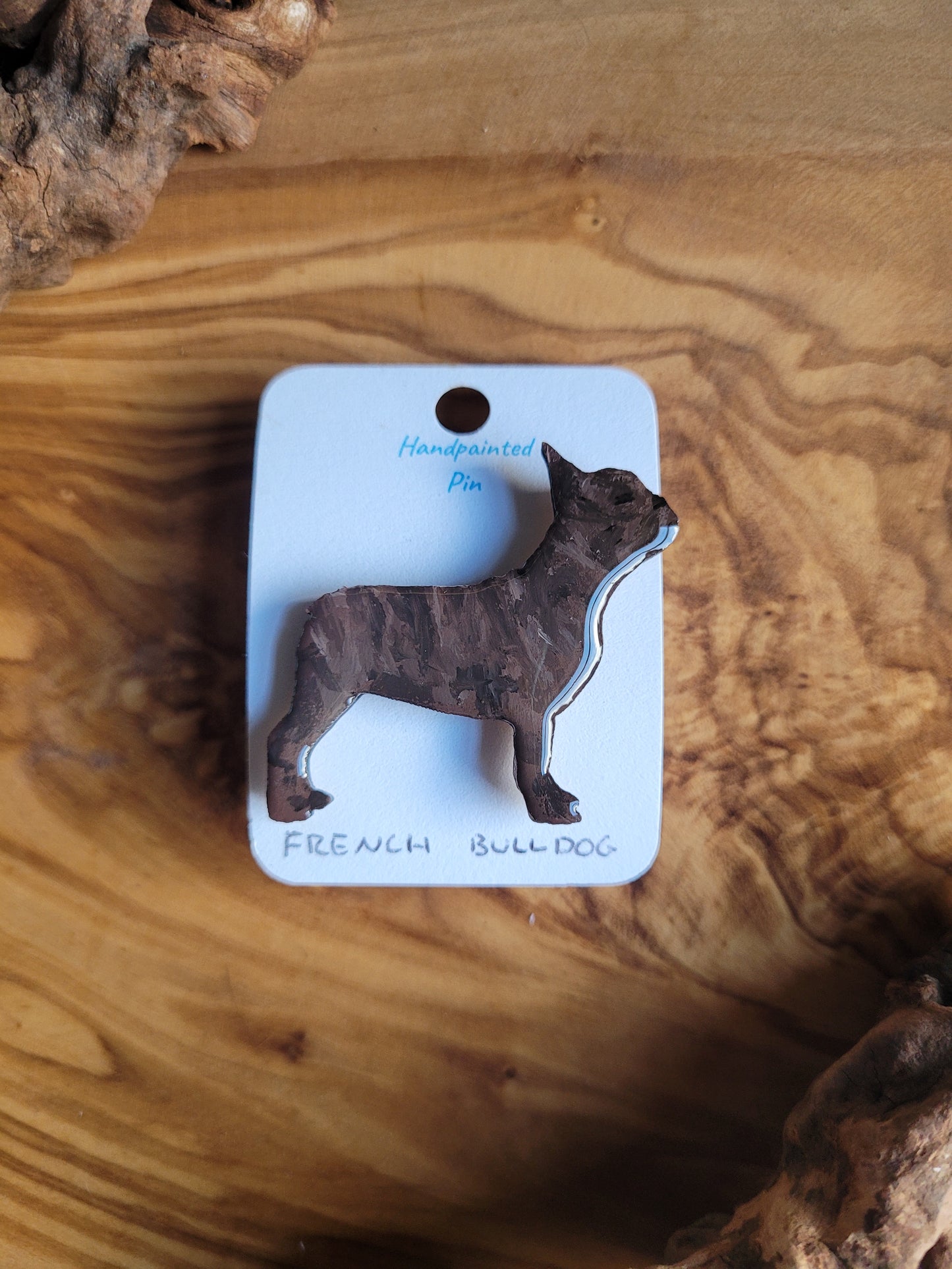 Brindle hand-painted wooden French Bulldog pin badge