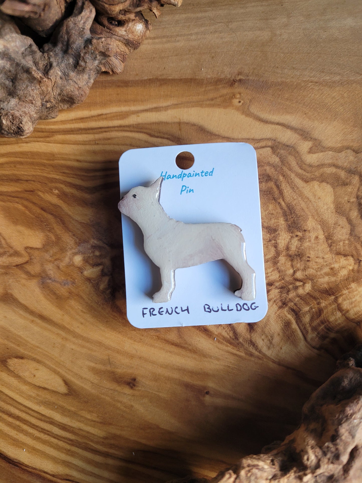 Light fawn/cream hand-painted wooden French Bulldog pin badge