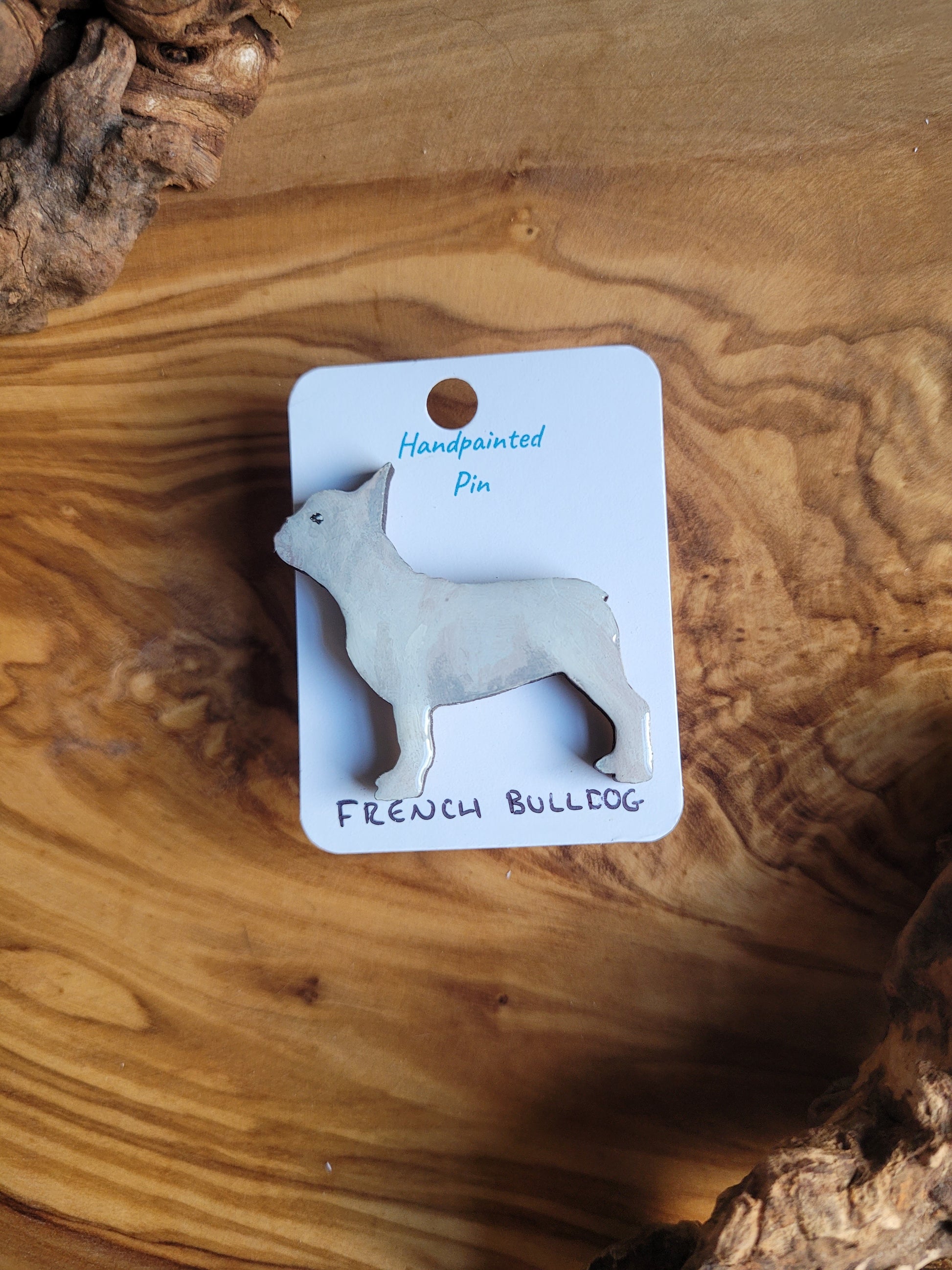 White hand-painted wooden French Bulldog pin badge