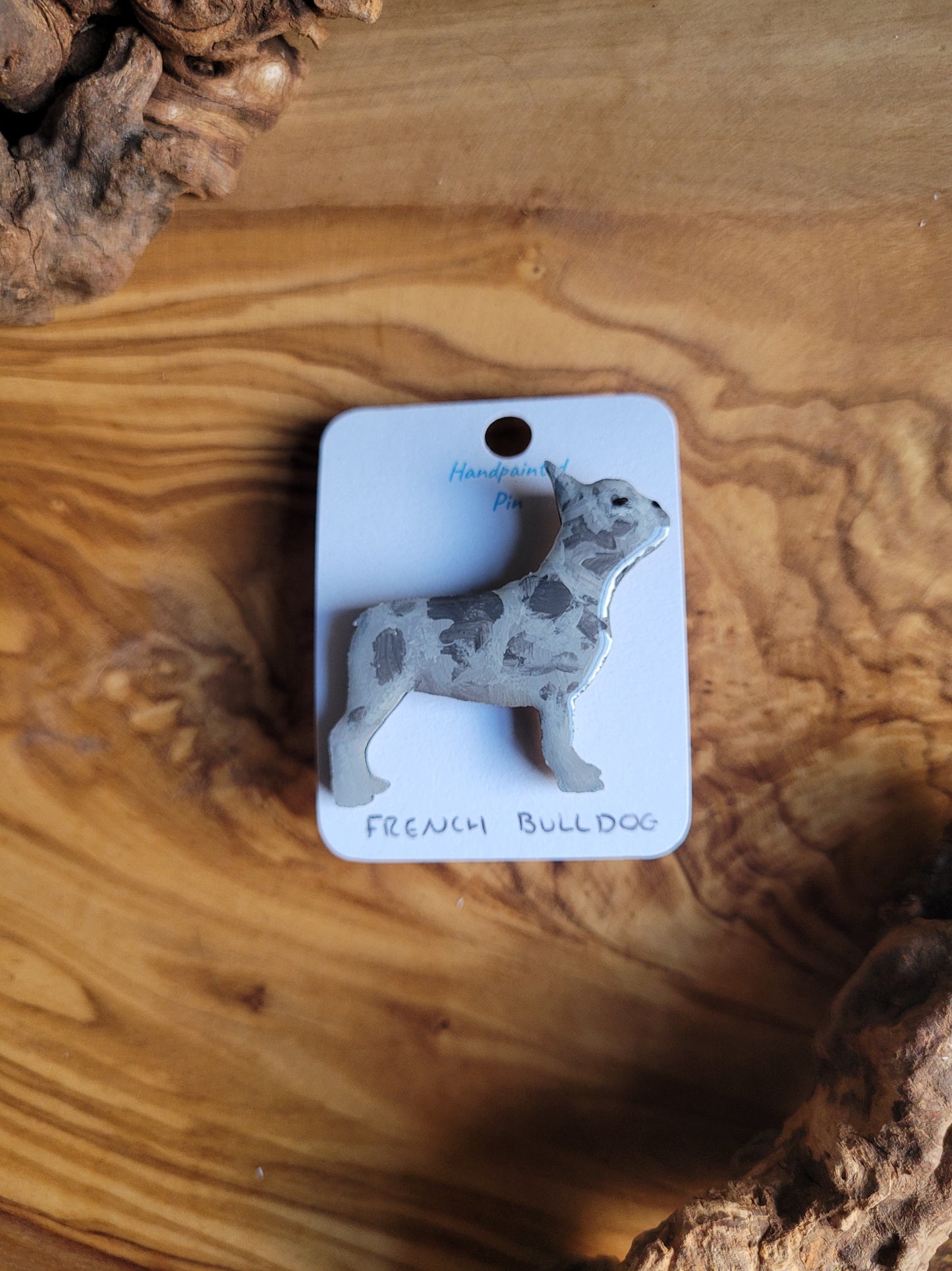 Blue merle hand-painted wooden French Bulldog pin badge