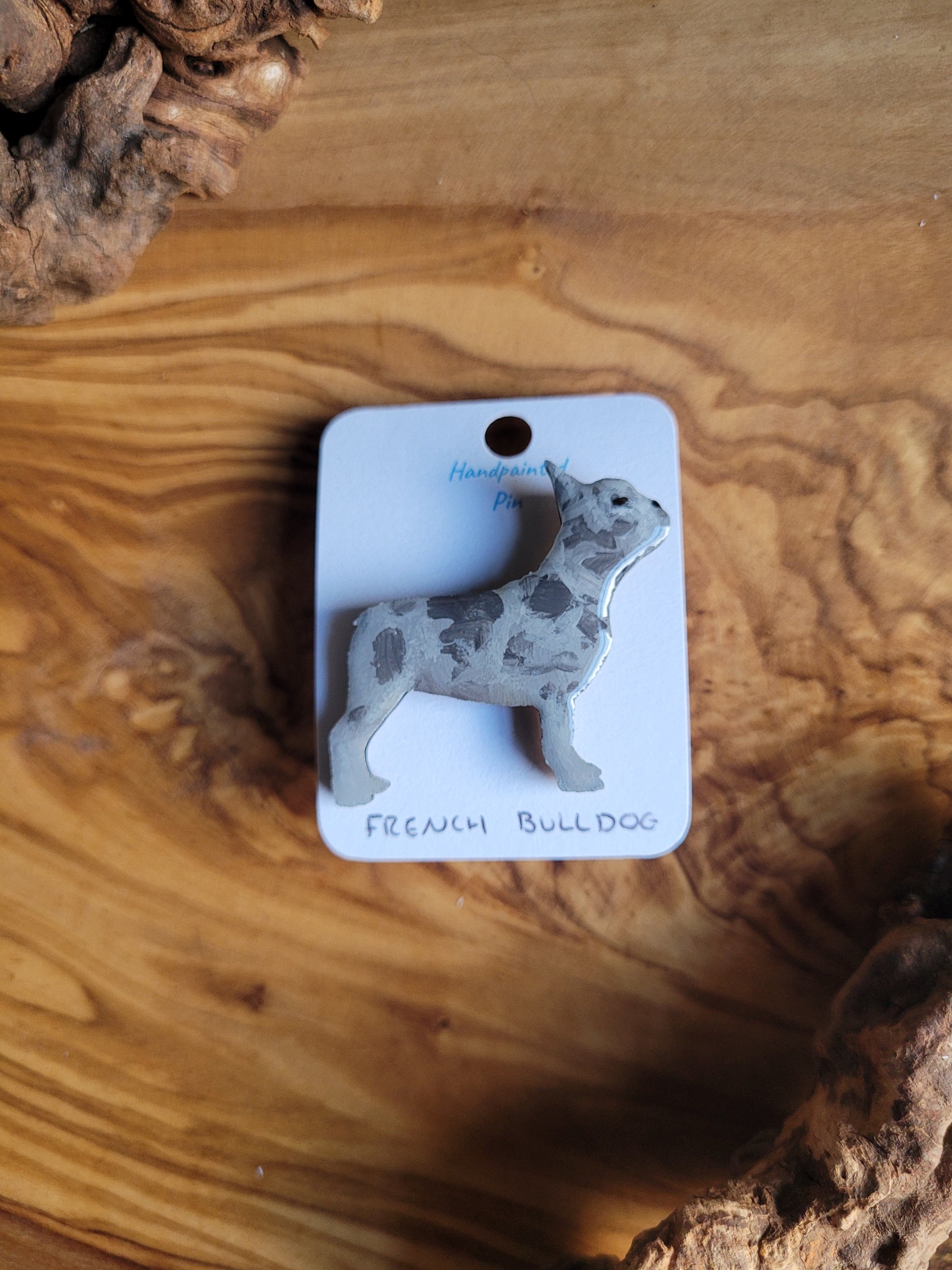 Blue merle hand-painted wooden French Bulldog pin badge