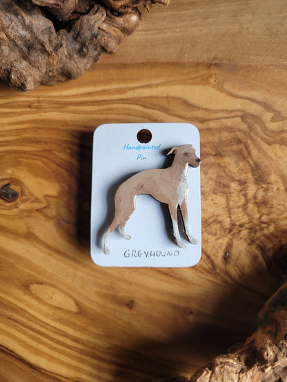 Hand-painted Greyhound pin badge, painted onto wood.  Fawn with chist chest and paws