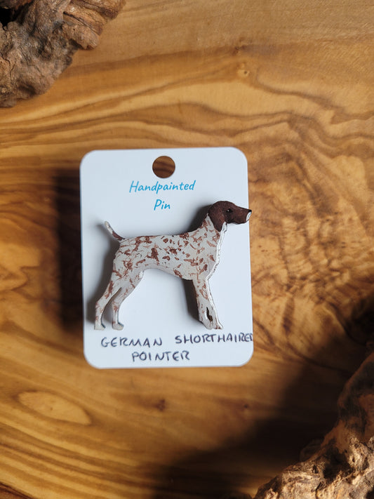Hand-painted wooden dog pin of a German Shorthaired Pointer, white speckled with a liver patch over the head