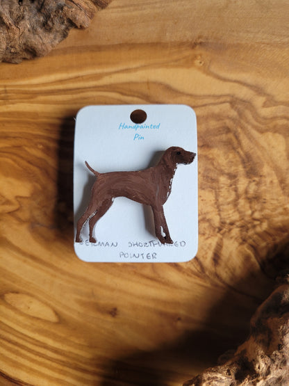 Hand-painted wooden dog pin of a German Shorthaired Pointer, solid liver colour