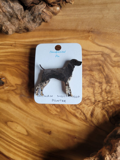 Hand-painted wooden dog pin of a German Shorthaired Pointer, Black with white speckled legs