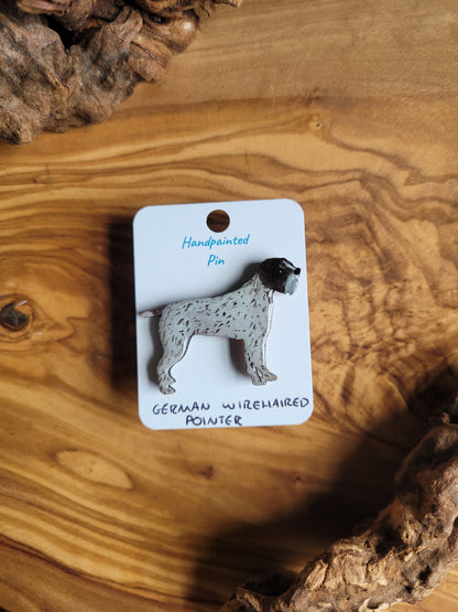 Hand-painted German Wirehaired Pointer pin badge, classic liver and white speckled with patch over the face