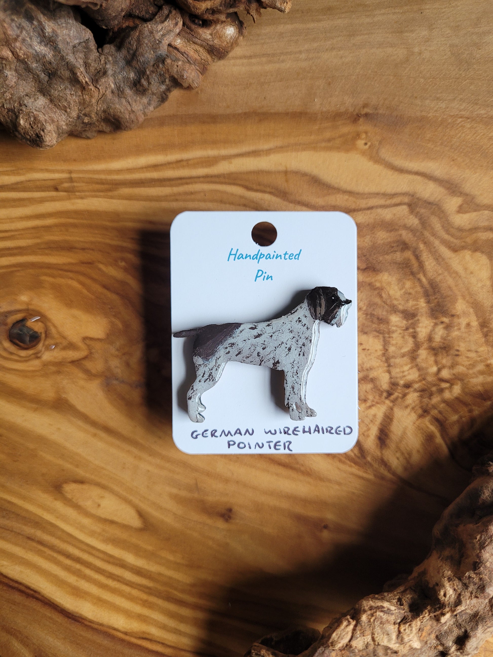 Hand-painted German Wirehaired Pointer pin badge, classic liver and white speckled with patch over the face and lower back