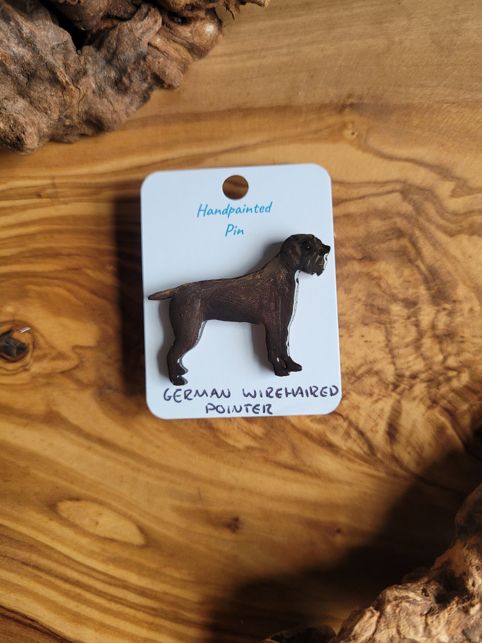 Hand-painted German Wirehaired Pointer pin badge, classic liver colour