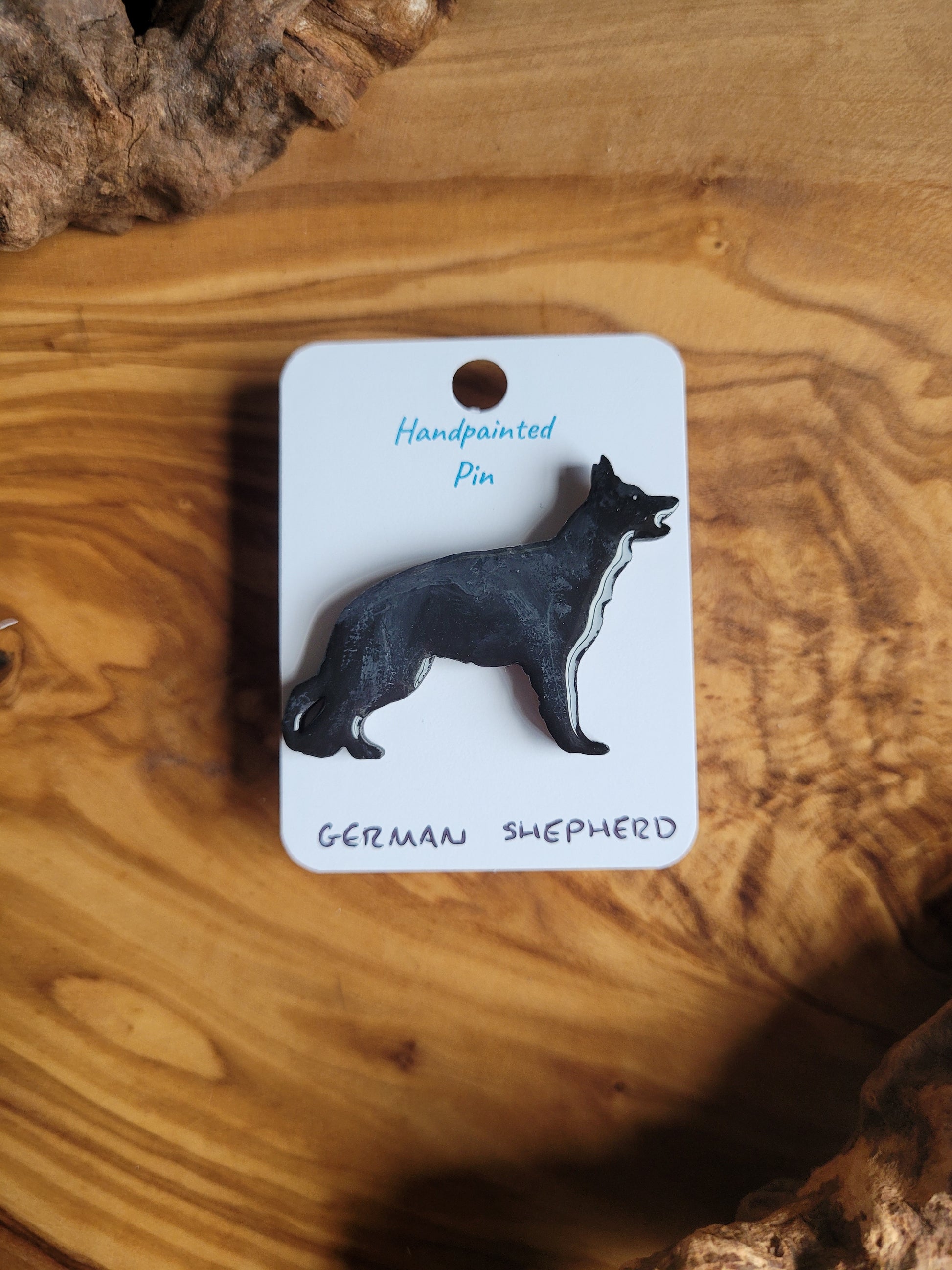 Hand-painted wooden German shepherd pin badge, black coloured shepherd