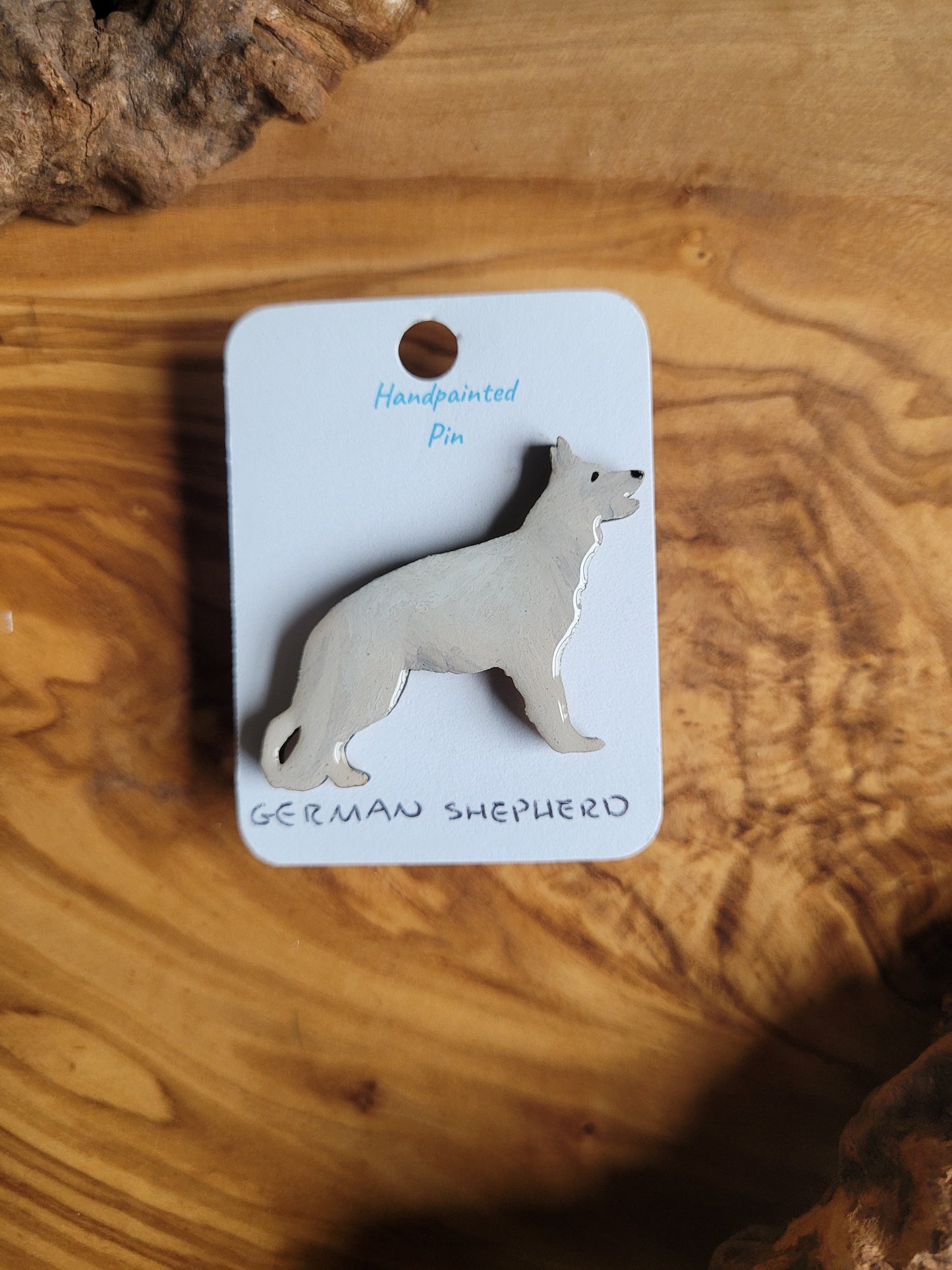 Hand-painted wooden German shepherd pin badge, white coloured shepherd