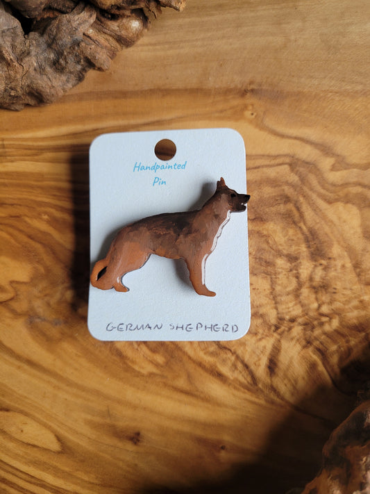 Hand-painted wooden German shepherd pin badge, black and tan coloured shepherd