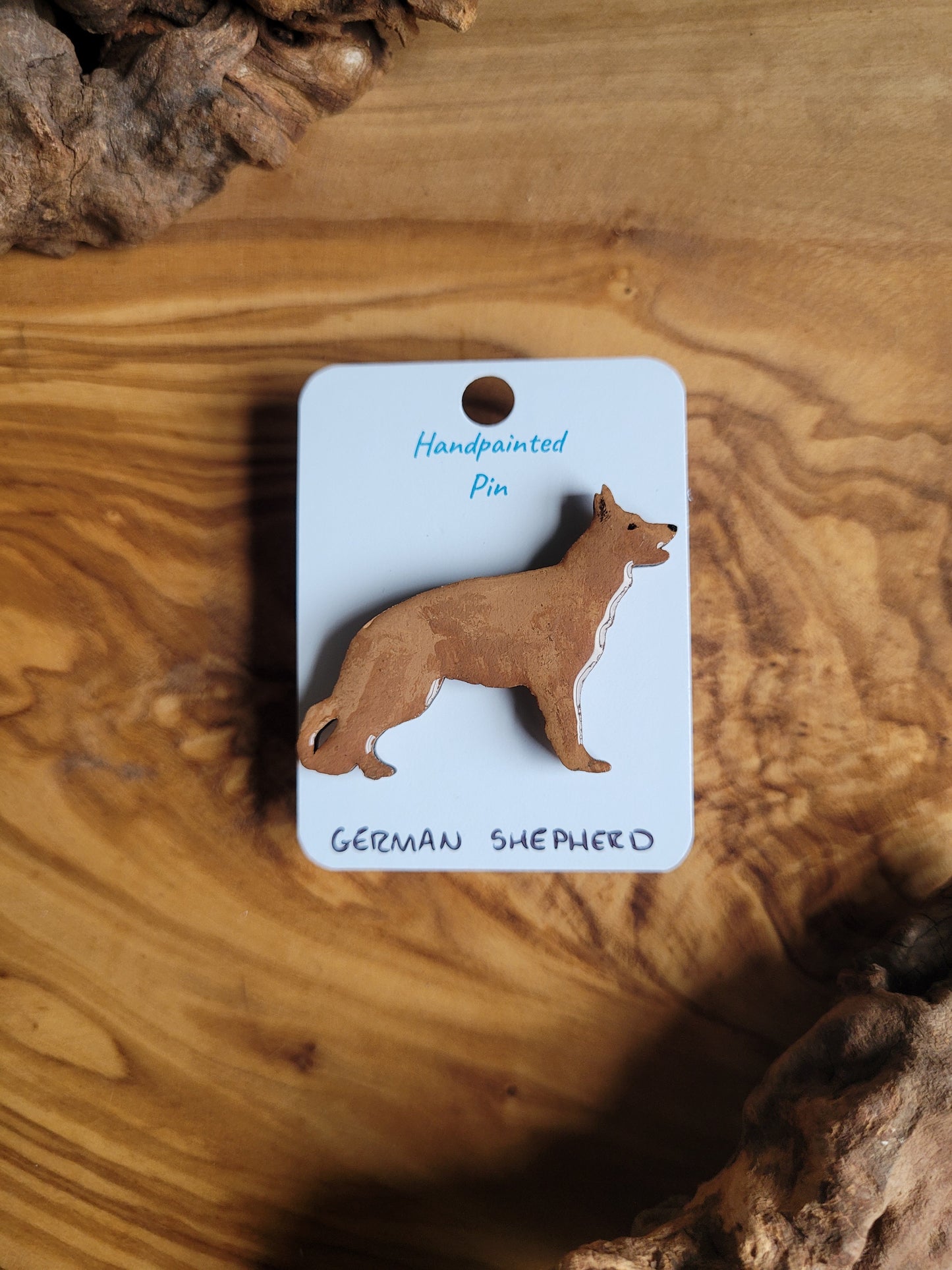 Hand-painted wooden German shepherd pin badge, tan coloured shepherd