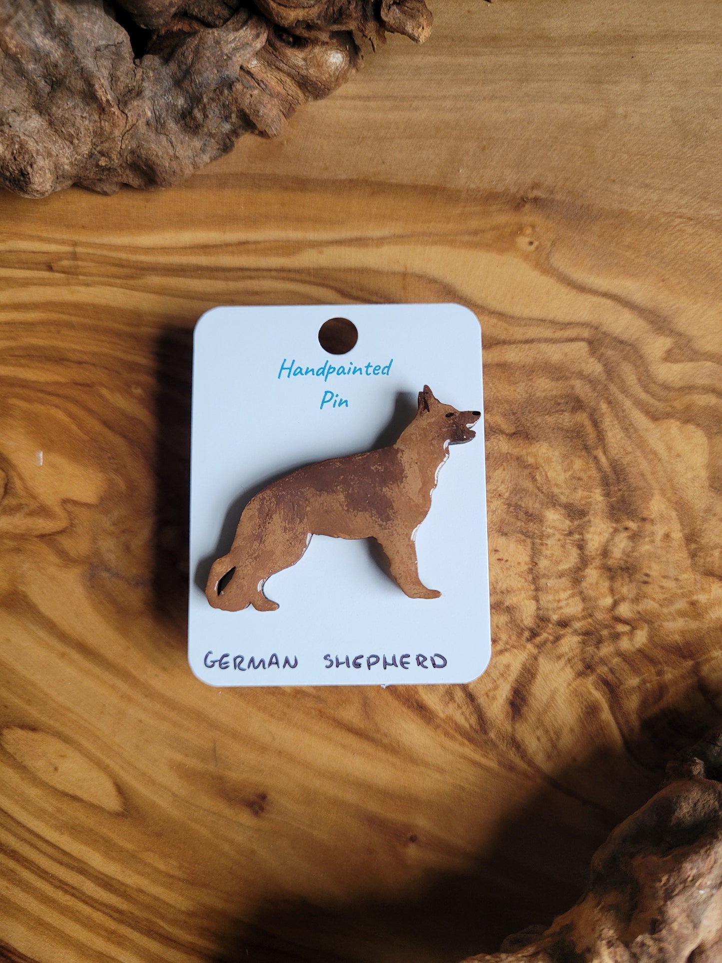 Hand-painted wooden German shepherd pin badge, chocolate and tan coloured shepherd
