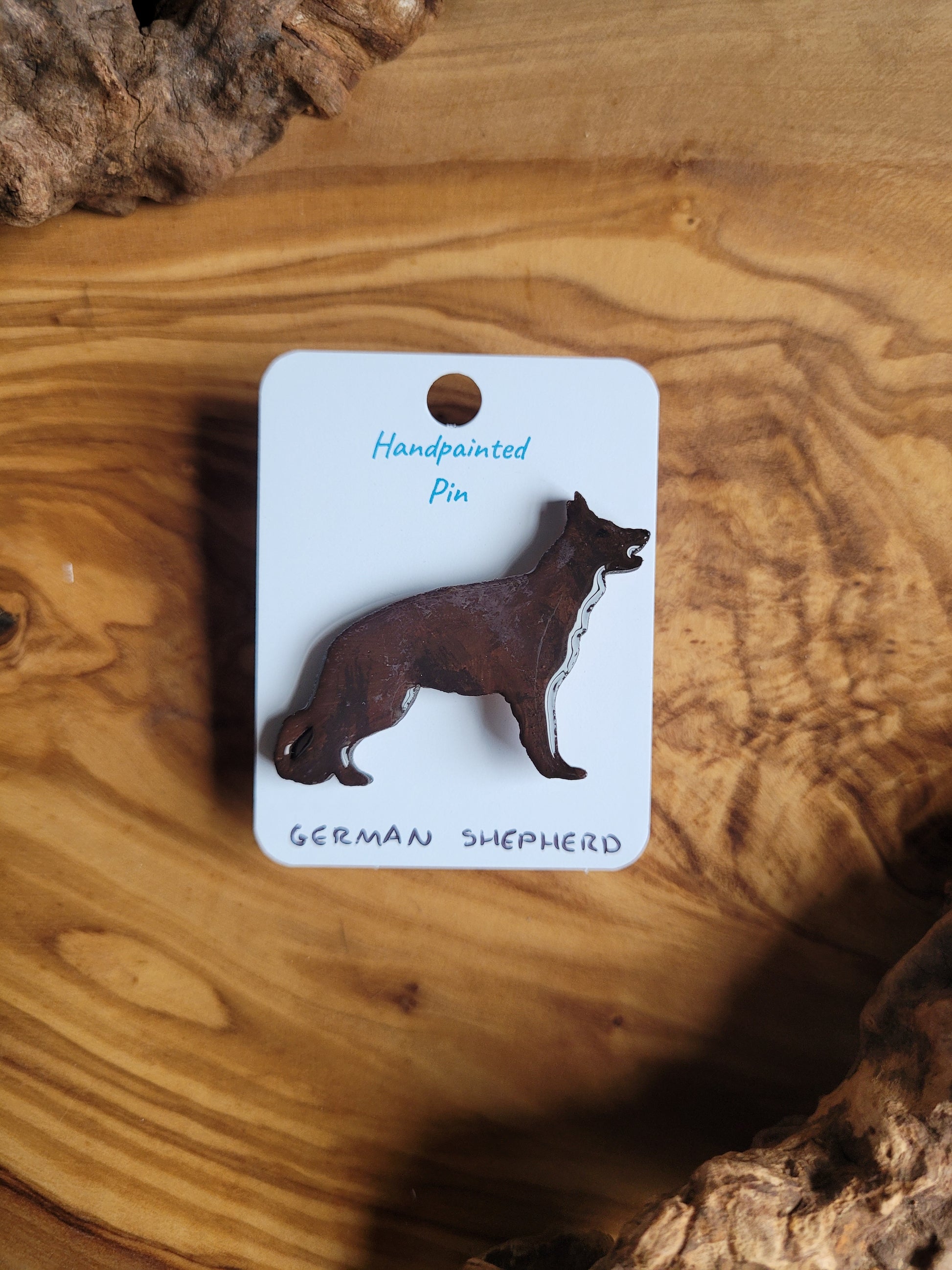 Hand-painted wooden German shepherd pin badge, chocolate coloured shepherd