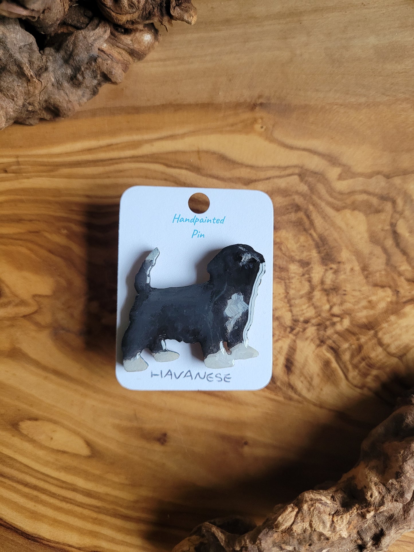 Hand-painted wooden Havanese dog pin badge, black and white colour