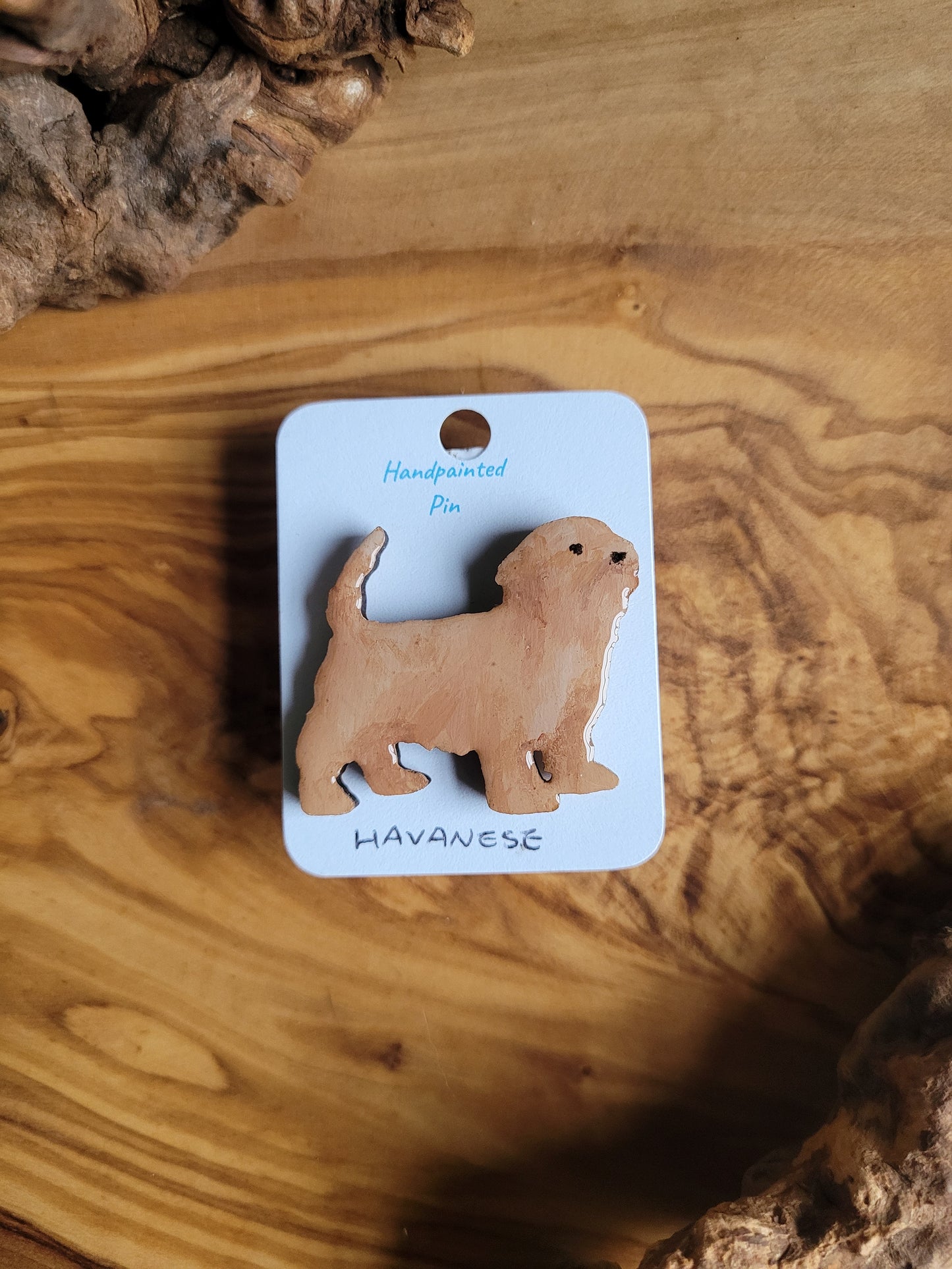 Hand-painted wooden Havanese dog pin badge, red/cream colour