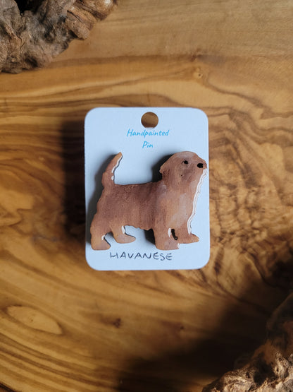 Hand-painted wooden Havanese dog pin badge, sable colour