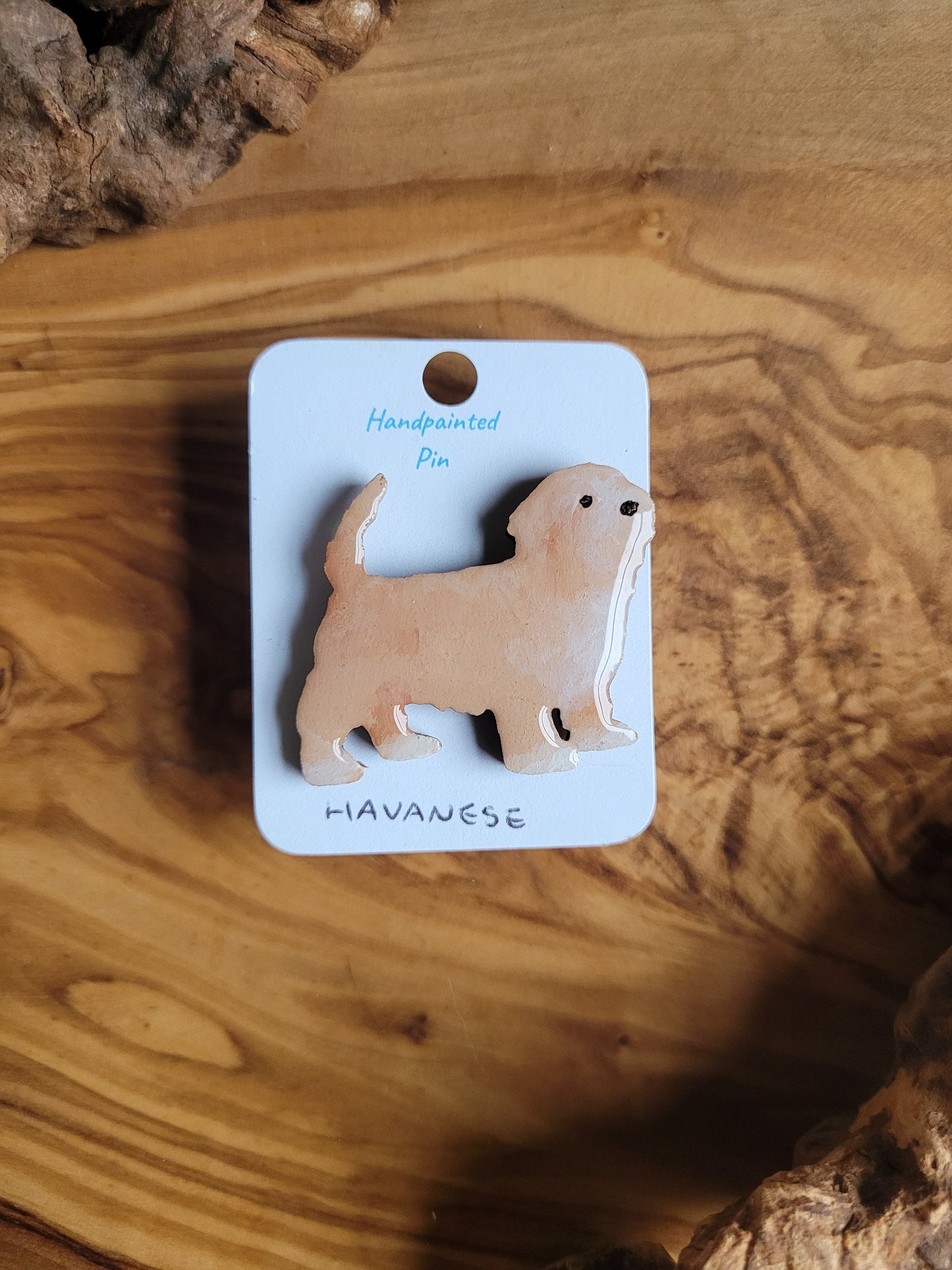Hand-painted wooden Havanese dog pin badge, fawn and white colour