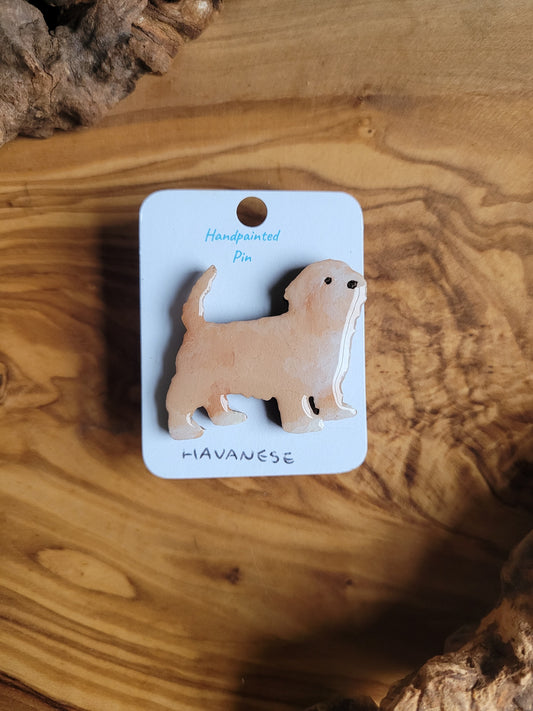 Hand-painted wooden Havanese dog pin badge, fawn and white colour