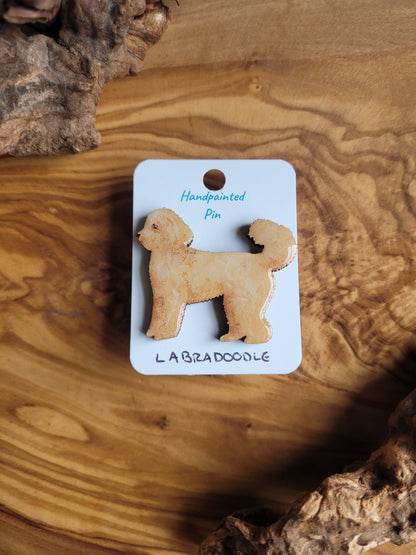 Hand-painted Labdradoodle dog pin badge, painted onto wood and golden coloured