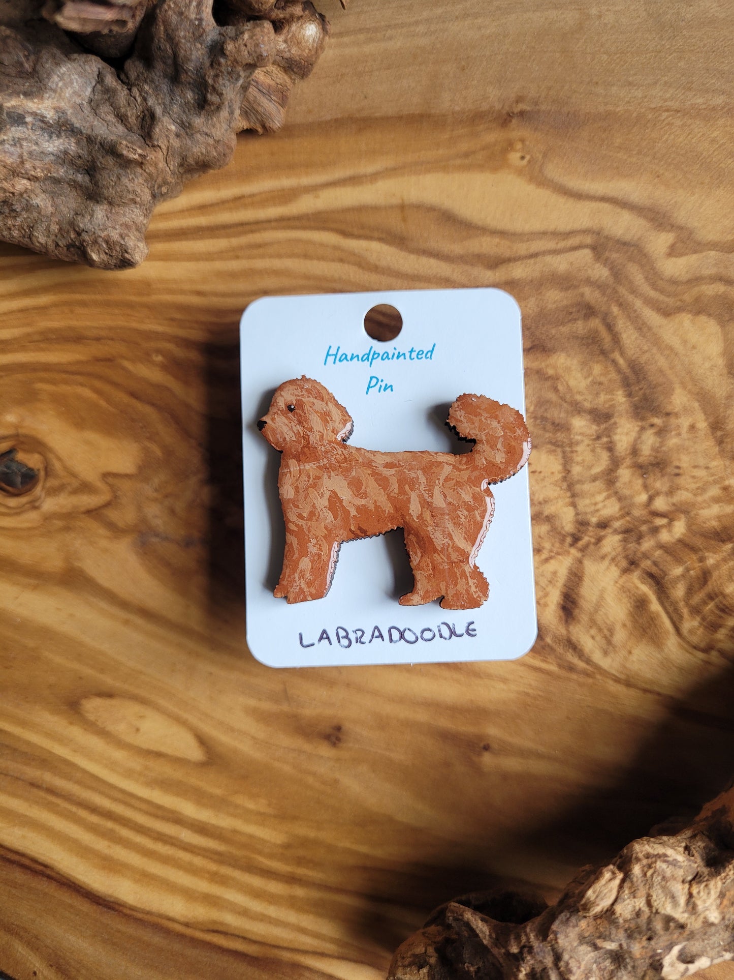 Hand-painted Labdradoodle dog pin badge, painted onto wood and apricot coloured