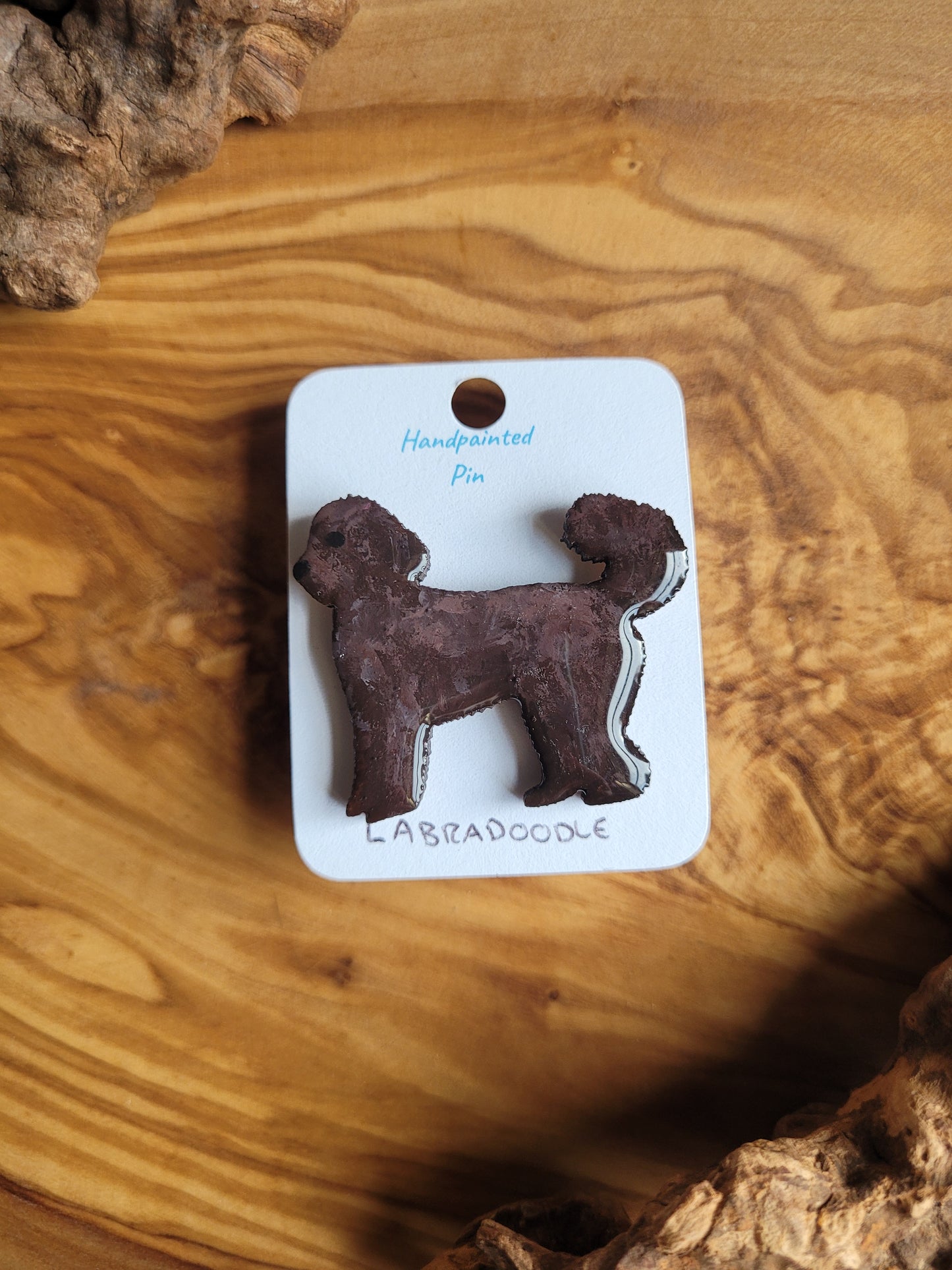 Hand-painted Labdradoodle dog pin badge, painted onto wood and chocolate coloured