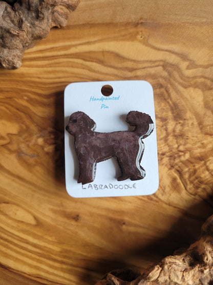 Hand-painted Labdradoodle dog pin badge, painted onto wood and chocolate coloured