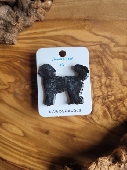 Hand-painted Labdradoodle dog pin badge, painted onto wood and black coloured