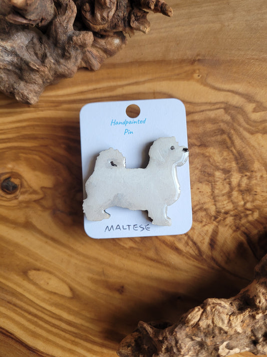 Hand-painted wooden white maltese dog pin badge