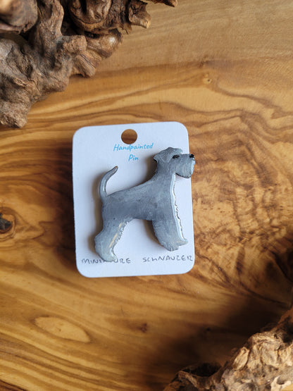 Hand-painted salt and pepper coloured Miniature Schnauzer wooden dog pin badge