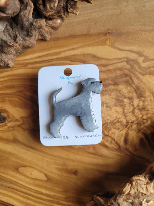 Hand-painted salt and peper coloured Miniature Schnauzer wooden dog pin badge