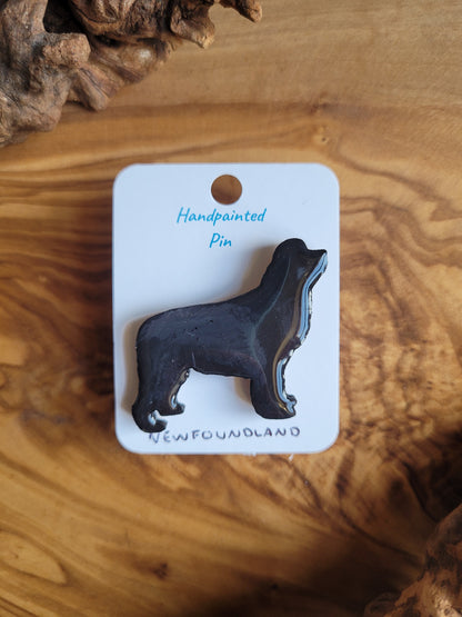 Black hand-painted Newfoundland wooden dog pin badge