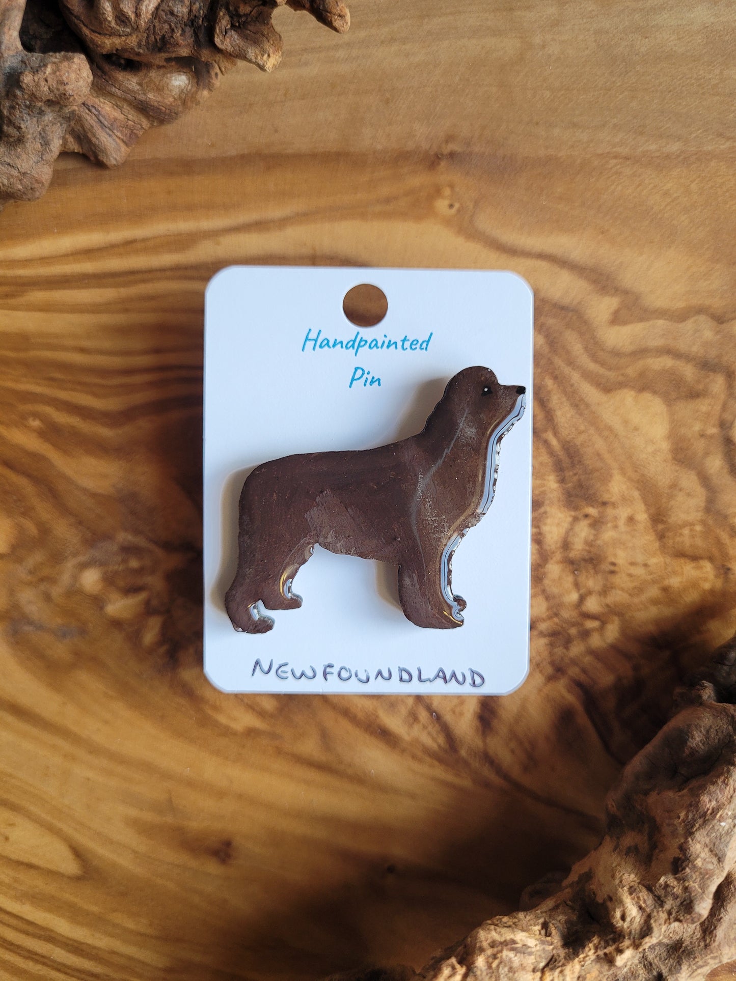 Chocolate hand-painted Newfoundland wooden dog pin badge