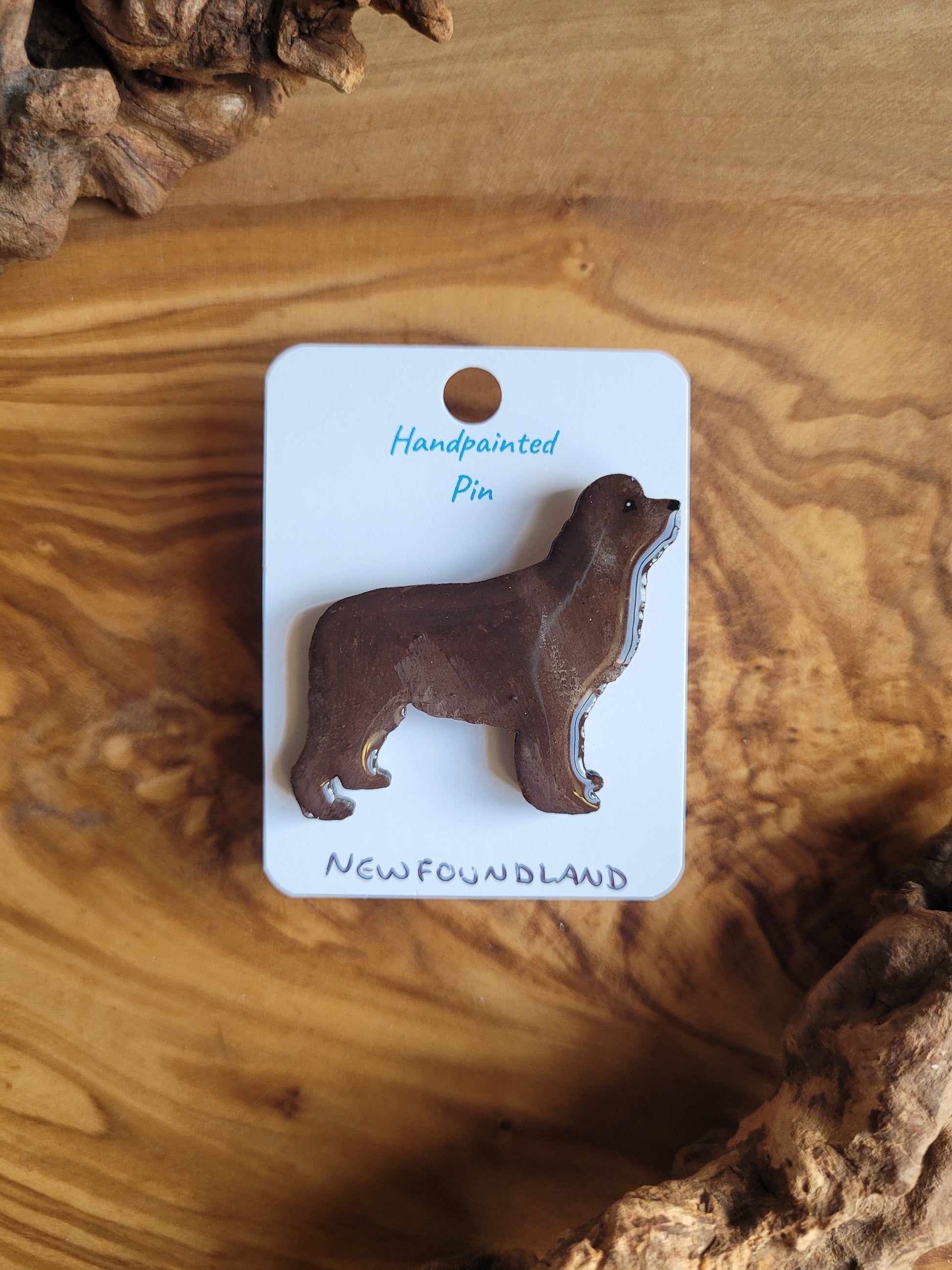 Chocolate hand-painted Newfoundland wooden dog pin badge