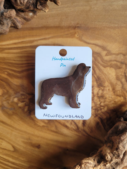 Chocolate hand-painted Newfoundland wooden dog pin badge